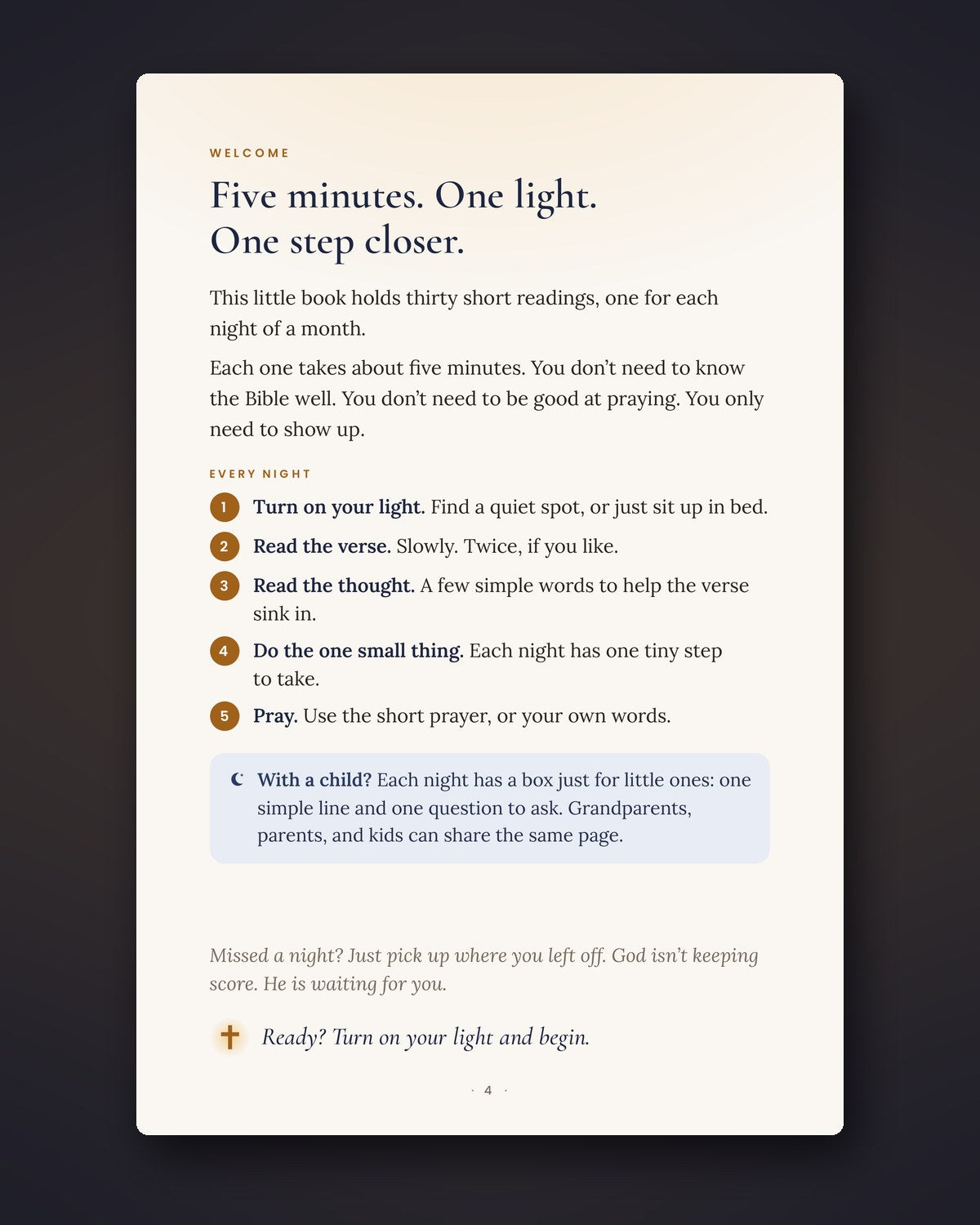 How each night works: turn on your light, read the verse and the thought, do one small thing, pray