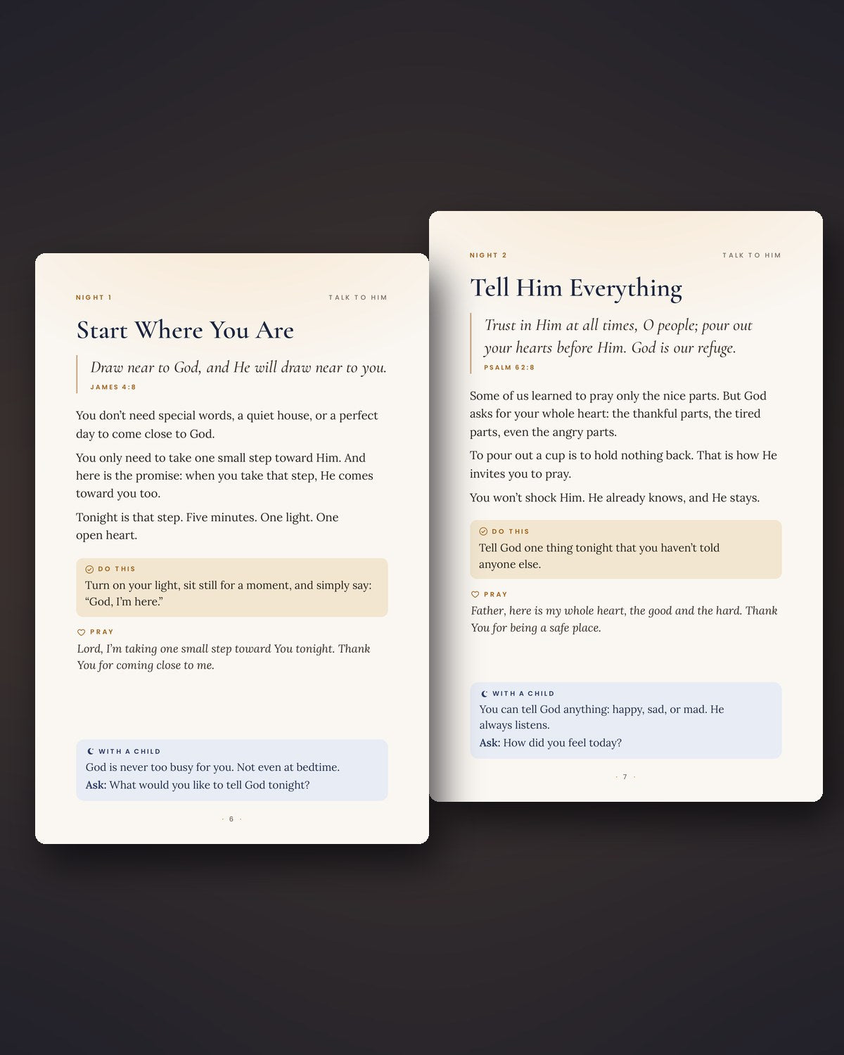Two nights inside the book: a verse, a short thought, one small step, a prayer and a line for children